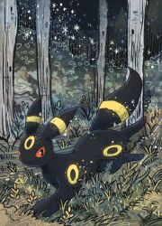Rule 34 | animal focus, black fur, closed mouth, commentary, facial mark, forehead mark, forest, gen 2 pokemon, grass, highres, nature, nintendo, no humans, pokemon, pokemon (creature), red eyes, sparkle, symbol-only commentary, tail, umbreon, volpecorvo