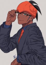 1boy aqua_eyes bespectacled black-framed_eyewear black_hair black_jacket blue_shirt closed_mouth collared_shirt commentary_request dark-skinned_male dark_skin earrings glasses grey_background grey_hair headband highres jacket jewelry lapels layered_sleeves long_sleeves looking_at_viewer male_focus multicolored_hair necktie nintendo orange_headband orange_necktie piercing pokemon pokemon_swsh raihan_(pokemon) semi-rimless_eyewear shirt short_hair sideburns signature simple_background smile solo spiked_hair stud_earrings suit_jacket two-tone_hair upper_body wing_collar wozue
