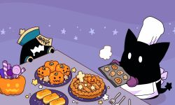Rule 34 | 2others, apron, candy, cat, chef hat, cookie, food, fork, ghost, halloween, hat, highres, holding, hoshikui, jack-o&#039;-lantern, jiangshi costume, multiple others, no humans, original, oven mitts, pie, plate, pumpkin, purple background, shoutarou (shoutarotttt), simple background, star (symbol), tail, white eyes