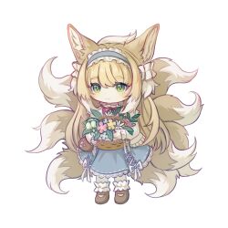 1girl absurdres animal_ears arknights basket blonde_hair blue_hairband blue_skirt bobby_socks brown_shoes cardigan chibi chibi_only chinese_commentary closed_mouth commentary_request fox_ears fox_girl fox_tail frilled_hairband frills green_eyes hairband highres holding kitsune kyuubi long_hair looking_at_viewer mary_janes multiple_tails official_alternate_costume shoes simple_background skirt smile socks solo suzuran_(arknights) suzuran_(spring_praise)_(arknights) tail white_background xuanzi047 yellow_cardigan