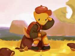 1boy backpack bag baseball_cap flare_(lumozze) furry gecko green_footwear hat highres lizard lumozze original shoes shorts socks sweater