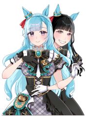 2girls absurdres aizawa_saya alternate_costume black_hair blue_hair blush braid breasts crown_braid gloves grin hair_between_eyes hair_ornament highres hug hug_from_behind looking_at_viewer medium_breasts mejiro_ardan_(umamusume) multiple_girls nitsutomeo_shinobu purple_eyes real_life smile umamusume voice_actor white_background