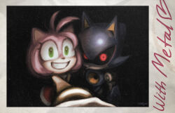 1boy 1girl amy_rose commentary english_commentary english_text furry furry_female gloves green_eyes grin highres humanoid_robot metal_sonic no_mouth photo_(object) red_eyes robot selfie smile sonic_(series) wellspkd white_gloves