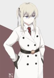 10s 1girl :| alternate_costume belt black_belt black_gloves blonde_hair buttons closed_mouth coat collared_shirt cross double-breasted female_focus flower gloves graf_zeppelin_(kancolle) hair_between_eyes hands_in_pockets hands_on_own_hips iron_cross kantai_collection long_hair long_sleeves looking_away looking_to_the_side necktie peacoat purple_eyes red_necktie shigino_sohuzi shirt sidelocks solo standing twintails two-tone_background white_coat white_shirt