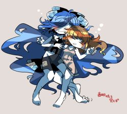 black_shorts blush bow camisole debt closed_eyes hair_bow holding_hands long_hair messy_hair messy_sleeper midriff navel open_mouth outstretched_arms short_hair shorts siblings sisters sleeping sleepwear snoring tank_top touhou very_long_hair yorigami_jo&#039;on yorigami_shion yt_(wai-tei)
