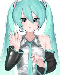 1girl absurdres aqua_eyes aqua_hair aqua_nails aqua_necktie armpit_crease bare_shoulders blush breasts collarbone detached_sleeves hair_between_eyes hair_ornament hatsune_miku highres long_hair long_sleeves medium_breasts necktie open_mouth simple_background solo sweat twintails upper_body user_sxzr5453 very_long_hair vocaloid white_background wide_sleeves