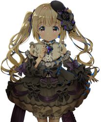 1girl black_dress bloomers brown_hair detached_sleeves doll_joints dress hat highres idolmaster idolmaster_cinderella_girls joints lolita_fashion long_hair looking_at_viewer michii_yuuki pink_eyes simple_background solo twintails underwear wavy_hair white_background yorita_yoshino