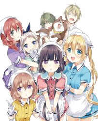 3boys 4girls :&gt; :3 :d :o ahoge akizuki_kouyou amano_miu animal apron aqua_dress black_bow black_hair black_hairband blend_s blonde_hair blue_dress blue_eyes blunt_bangs blush bow braid breasts brown_hair clenched_hands closed_mouth collared_dress collared_shirt contrapposto cowboy_shot d; dino_(blend_s) dog dot_nose double_v dress everyone expressionless eyelashes eyes_visible_through_hair floating_hair frilled_apron frilled_cuffs frilled_shirt_collar frilled_sleeves frills gloves hair_between_eyes hair_bow hair_ornament hairband hand_on_another&#039;s_shoulder hand_up hands_up headscarf highres hinata_kaho holding holding_animal hoshikawa_mafuyu hug jitome kanzaki_hideri large_breasts leaning_forward long_hair looking_at_viewer looking_to_the_side low_twintails multiple_boys multiple_girls nakayama_miyuki no_nose nose one_eye_closed open_hand open_mouth order_(blend_s) own_hands_together pink_dress pink_hair pleated_dress pom_pom_(clothes) puffy_short_sleeves puffy_sleeves purple_dress purple_eyes purple_hair ribbon round_teeth sakuranomiya_maika shirt short_hair short_sleeves silver_hair simple_background sleeve_cuffs smile standing stile_uniform sweat tareme teeth tongue tongue_out trap tsurime twin_braids twintails upper_teeth_only v v_arms very_long_hair waist_apron wavy_hair wavy_mouth white_apron white_background white_gloves white_headscarf white_ribbon white_shirt yellow_dress