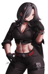 1girl abs black_choker black_gloves black_hair black_pants black_shirt breasts choker cleavage contrapposto crop_top dated gloves hand_on_own_hip highres jacket jacket_on_shoulders large_breasts medium_hair one_eye_covered original pants personification red_eyes shirt signature simple_background solo watch white_background wristwatch zhvo