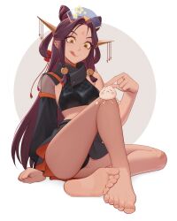 1girl absurdres bare_legs barefoot bell black_panties black_skirt breasts commission crop_top dnaitari feet forehead full_body grey_background hair_bell hair_intakes hair_ornament highres indie_virtual_youtuber jewelry knee_up legs licking_lips long_hair panties parted_bangs purple_hair ring second-party_source single_sleeve skirt small_breasts smile soles solo thighs toenails toes tongue tongue_out underwear very_long_hair virtual_youtuber white_background yellow_eyes