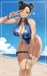 Rule 34 | 1girl, absurdres, bare legs, bare shoulders, beach, black hair, blue flower, blue nails, blue one-piece swimsuit, blue sky, bracelet, braid, breasts, capcom, chun-li, cleavage, closed mouth, cloud, cloudy sky, collarbone, commentary request, double bun, earrings, eyeliner, feet out of frame, flower, hair bun, hair flower, hair ornament, hand on own leg, heart, highres, horizon, jewelry, large breasts, leaning forward, looking at viewer, makeup, nail polish, nrudr0kk, ocean, official alternate costume, one-piece swimsuit, one eye closed, outdoors, red eyeliner, red lips, sand, sky, smile, solo, street fighter, street fighter 6, swimsuit, thick thighs, thigh gap, thigh strap, thighs, v, water