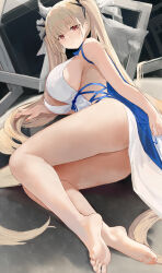 1girl absurdres ass azur_lane bare_arms bare_shoulders barefoot blonde_hair blue_ribbon breasts closed_mouth dress formidable_(anniversary_memories)_(azur_lane) formidable_(azur_lane) highres huge_breasts long_hair looking_at_viewer lying official_alternate_costume red_eyes ribbon sideboob soles solo suo_bu_ye_feng thighs twintails very_long_hair white_dress