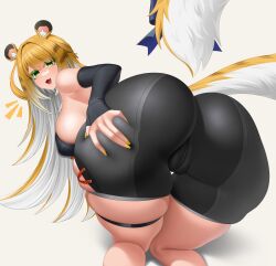 1girl alternate_breast_size animal_ears ass black_shirt black_shorts blonde_hair blue_bow bow breasts cameltoe commentary english_commentary green_eyes highres ju_fufu large_breasts long_hair looking_at_viewer luunamito nail_polish open_mouth presenting presenting_ass shirt shorts sideboob smile solo tail tail_bow tail_ornament thigh_strap tiger_ears tiger_girl tiger_tail yellow_nails zenless_zone_zero