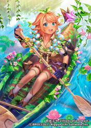 1girl aqua_eyes binoculars boat bug butterfly chachie character_request copyright_notice flower full_body insect lily_pad oar official_art on_boat orange_hair outdoors plant rowboat short_hair sitting solo teeth upper_teeth_only water watercraft z/x