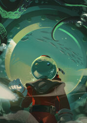 1other absurdres bandal belt black_belt candy_diver_cookie cookie_run diving_suit drinking_straw fish gloves highres holding holding_lantern lantern object_head other_focus solo suction_cups tentacles white_gloves