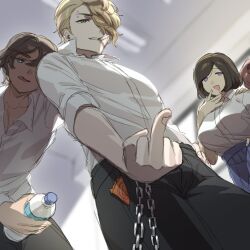 1girl 2boys black_pants blonde_hair bottle brown_eyes brown_hair chain collared_shirt degrees_of_lewdity eyebrow_piercing hair_over_one_eye looking_at_viewer middle_finger multiple_boys open_mouth pants piercing purple_eyes pw_0831 shirt short_hair water_bottle white_shirt whitney_(degrees_of_lewdity) whitney_(male)_(degrees_of_lewdity)