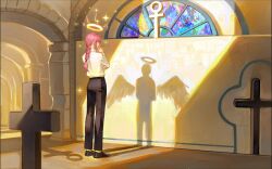 1girl arch architecture black_pants black_shoes chainsaw_man church cross day different_shadow full_body halo hand_on_own_chin hand_on_own_opposite_hip highres indoors latin_cross long_hair long_sleeves looking_at_viewer looking_back makima_(chainsaw_man) maya_king painterly pants red_hair shirt shoes solo sparkle stained_glass standing sunlight white_shirt wide_shot