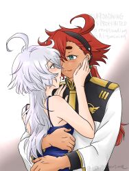 2girls ahoge artist_name asticassia_school_uniform black_hairband blue_camisole blue_eyes blush camisole closed_mouth commentary_request dark-skinned_female dark_skin grey_eyes gundam gundam_suisei_no_majo hairband hand_on_another&#039;s_face hand_on_another&#039;s_shoulder hands_on_another&#039;s_back highres hug ichigomusume604 jacket long_hair miorine_rembran multiple_girls red_hair school_uniform smile suletta_mercury thick_eyebrows twitter_username watermark white_hair white_jacket yuri