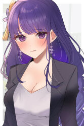1girl absurdres alternate_costume black_jacket blush border braid breasts closed_mouth collared_jacket commentary_request earrings flower flower_earrings genshin_impact gold grey_shirt hair_flower hair_ornament highres hotaboshi_yazuki indoors jacket jewelry large_breasts long_hair long_sleeves looking_at_viewer office_lady open_clothes open_jacket outside_border purple_eyes purple_flower purple_hair raiden_shogun shirt solo sparkle standing t-shirt tassel tassel_hair_ornament wall white_border wing_collar yaduki100