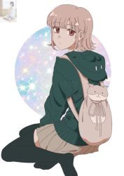 1girl animal_bag black_thighhighs brown_hair brown_skirt cat_bag commentary danganronpa_(series) danganronpa_2:_goodbye_despair expressionless flipped_hair hair_ornament highres hood hood_down jacket long_sleeves medium_hair nanami_chiaki photo-referenced photo_inset pink_bag pink_eyes pleated_skirt reference_inset shirt sitting skirt solo spaceship_hair_ornament symbol-only_commentary tansug_(tansuk88) thighhighs white_background