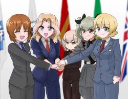 5girls alternate_costume anchovy_(girls_und_panzer) anzio_military_uniform black_cat03 blonde_hair blue_eyes brown_hair closed_eyes darjeeling_(girls_und_panzer) drill_hair flag formal_clothes girls_und_panzer green_eyes handshake highres indoors katyusha_(girls_und_panzer) kay_(girls_und_panzer) long_hair multiple_girls nishizumi_miho pants red_eyes short_hair smile suit twin_drills twintails