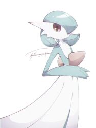 bob_cut colored_skin dress gardevoir gen_3_pokemon green_hair green_skin hair_over_one_eye looking_at_viewer multicolored_skin narumiya_pkmn nintendo pink_eyes pokemon pokemon_(creature) signature two-tone_skin white_dress white_skin