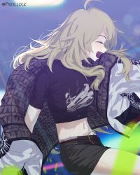 1girl absurdres antenna_hair blonde_hair closed_eyes crop_top dancing fivoclock highres hoshii_miki idolmaster idolmaster_(classic) indoors long_hair midriff navel open_mouth oversized_jacket skirt solo sweat teeth zipper zipper_skirt