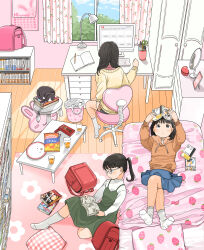 3girls :o absurdres animal backpack bag bag_of_chips barley_tea bed bed_sheet bedroom black_eyes black_hair blue_skirt bookshelf calendar_(object) cat chair chest_of_drawers computer computer_keyboard crossed_legs cup curtains cushion desk drawstring dress drinking_glass floral_print food food_print from_above fruit_print glasses green_dress highres holding holding_manga hood hood_down hoodie indoors long_sleeves lying manga_(object) mirror monitor multiple_girls nagomurasan office_chair original pillow plate pocky ponytail randoseru reading round_eyewear rug shorts sitting skirt socks strawberry_print sweater swivel_chair table trash_can unworn_backpack unworn_bag wardrobe window wooden_floor
