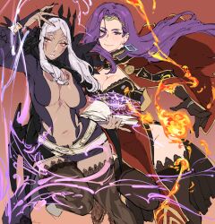 2girls aversa_(fire_emblem) belt black_dress book breasts bridal_gauntlets cape circlet cleavage cleavage_cutout clothing_cutout commission crown dark-skinned_female dark_skin dress earrings eyeshadow facial_mark feather_trim feathers fingernails fire fire_emblem fire_emblem_awakening fire_emblem_echoes:_shadows_of_valentia forehead_mark gloves high_heels highres holding jewelry kenshin187 large_breasts long_fingernails long_hair looking_at_viewer magic_circle makeup mature_female multiple_girls nail_polish navel nintendo no_panties open_mouth parted_lips pelvic_curtain plunging_neckline purple_eyes purple_eyeshadow purple_hair red_eyes short_dress simple_background smile sonya_(fire_emblem_gaiden) tattoo thighhighs thighs white_belt white_hair white_lips