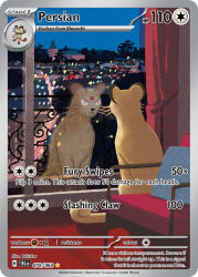 Rule 34 | artist name, building, card (medium), chair, character name, closed mouth, company name, copyright name, copyright notice, english text, fangs, forehead jewel, gen 1 pokemon, indoors, looking at reflection, looking outside, meowth, night, nintendo, official art, persian (pokemon), pokemon, pokemon (creature), pokemon card, pokemon focus, pokemon tcg, red eyes, reflection, solo, third-party source, trading card, whisker (pokemon), whiskers, window