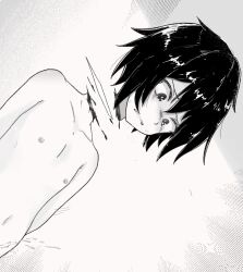 1boy black_hair blood blush corpse cum decapitation greyscale guro highres male_focus monochrome nude original shota stillwater