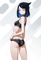1girl absurdres arms_at_sides artist_name ass bare_legs bare_shoulders black_choker black_panties black_sports_bra blue_eyes blue_hair blush breasts choker closed_mouth colored_inner_hair commentary creatures_(company) dot_nose english_commentary eyebrows eyelashes feet_out_of_frame female_focus from_behind game_freak grey_background hair_ornament hairclip half-closed_eyes hand_on_own_hip highres light_blush liko_(pokemon) looking_at_viewer looking_back matching_hair/eyes medium_hair midriff multicolored_hair naughty_face nintendo otokakoto panties petite pokemon pokemon_(anime) pokemon_horizons simple_background small_breasts smile solo sports_bra standing swept_bangs twisted_torso two-tone_hair underwear underwear_only