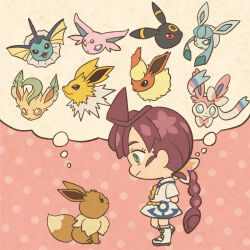 Rule 34 | 1girl, :3, anchor print, arms behind back, blue eyes, boots, braid, bright pupils, brown eyes, chloe (pokemon), closed mouth, commentary request, dress, eevee, espeon, eyelashes, flareon, forehead jewel, from side, gen 1 pokemon, gen 2 pokemon, gen 4 pokemon, gen 6 pokemon, glaceon, green eyes, imagining, jolteon, leafeon, long hair, mojacookie, nintendo, official art, open mouth, pokemon, pokemon (anime), pokemon (creature), pokemon journeys, polka dot, polka dot background, purple eyes, red eyes, red hair, second-party source, short sleeves, single braid, smile, speech bubble, sylveon, thought bubble, umbreon, vaporeon, white boots, white dress, white pupils
