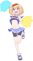 1girl :d absurdres alice_margatroid alternate_costume bike_shorts_under_skirt black_shorts black_sports_bra blonde_hair blue_eyes blue_shirt blue_shoes cheerleader cookie_(touhou) crop_top flat_chest frilled_hairband frills full_body hairband highres holding holding_pom_poms looking_at_viewer midriff miniskirt navel open_mouth pom_pom_(cheerleading) pom_poms pyukasshori red_hairband sharp_teeth shirt shoes short_hair shorts simple_background skirt sleeveless sleeveless_shirt smile sneakers solo sports_bra standing standing_on_one_leg taisa_(cookie) teeth touhou v-shaped_eyebrows white_background