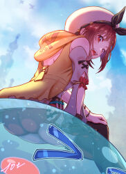 10ttruck 1girl :d atelier_(series) atelier_ryza black_bow black_thighhighs bow brown_eyes brown_hair commentary crossed_legs day from_below hair_bow hat highres hood hood_down hooded_jacket jacket micro_shorts open_clothes open_jacket open_mouth outdoors puni_(atelier) red_shorts reisalin_stout revision short_hair shorts sitting slime_(creature) smile solo thighhighs white_hat yellow_jacket