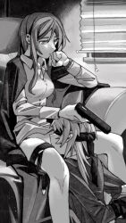 2girls armchair arms_behind_back bang_dream! bang_dream!_it&#039;s_mygo!!!!! bdsm between_legs blindfold bound bound_wrists breasts chair chihaya_anon chinese_commentary closed_mouth collar commentary_request commission cunnilingus greyscale gun handgun highres holding holding_gun holding_weapon indoors lanserongjie light_particles long_hair monochrome multiple_girls nagasaki_soyo oral second-party_source sitting watch weapon wristwatch yuri