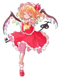 1girl ascot blonde_hair blush bobby_socks bow closed_eyes collarbone commentary_request crystal_wings dairi double-parted_bangs fang flandre_scarlet frilled_shirt frilled_shirt_collar frilled_skirt frilled_sleeves frilled_vest frills full_body hair_between_eyes hat hat_ribbon head_tilt laevatein_(touhou) large_variant_set looking_at_viewer mary_janes medium_hair mob_cap multicolored_wings outstretched_arm parted_lips pink_hat raised_inner_eyebrows reaching reaching_towards_viewer red_bow red_eyes red_ribbon red_shoes red_skirt red_vest ribbon running shirt shoes simple_background skirt skirt_set smile socks solo tachi-e touhou transparent_background variant_set vest white_shirt white_socks wings yellow_ascot