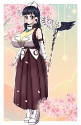 absurdres ass breasts cherry_blossoms dress highres holding holding_staff huge_ass large_breasts long_hair long_skirt looking_at_viewer plump priest ryuuna_(shining_tears) shining_(series) shining_tears skirt smile staff white_dress wings yin_yang