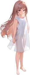 Rule 34 | 1girl, aged down, barefoot, brown eyes, brown hair, dress, expressionless, full body, goddess of victory: nikke, hair intakes, long hair, official alternate costume, official art, rapi (nikke), solo, swept bangs, transparent background, v-shaped eyebrows, white dress