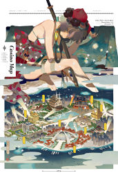 1girl architecture barefoot bikini blue_eyes candy castle city cloud dome east_asian_architecture fate/grand_order fate_(series) female_focus food highres katsushika_hokusai_(fate) katsushika_hokusai_(swimsuit_saber)_(fate) lollipop map pool purple_hair pyramid_(structure) rei_(sanbonzakura) sitting solo swimsuit thigh_strap