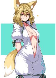 1girl animal_ears blonde_hair blush breasts closed_mouth formicid fox_ears fox_tail green_ribbon hair_between_eyes heart kudamaki_tsukasa medium_breasts navel ribbon romper short_hair smile solo tail touhou white_romper yellow_eyes