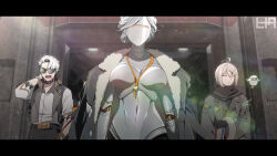 1girl 2boys anime_coloring bird black_coat black_gloves black_scarf breasts closed_eyes coat coat_on_shoulders door faceless facing_viewer glasses gloves grey_coat grey_pants grey_vest hand_on_own_head hand_up hnt_(1177tr1999) humanoid_robot joints key lanyard large_breasts lens_flare letterboxed lucy_(reverse:1999) metal_hair metal_skin multiple_boys navel open_mouth pants pavia_(reverse:1999) reverse:1999 robot robot_girl robot_joints scarf shirt tit_(bird) upper_body vest white_hair white_shirt zima_(reverse:1999)
