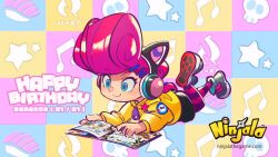 Rule 34 | 1girl, animal ear headphones, animal ears, aqua eyes, aqua pupils, badge, beamed eighth notes, berecca, big hair, birthday, black shorts, blue shoes, button badge, cat ear headphones, character name, checkered background, commentary, copyright name, copyright notice, english commentary, english text, eyelashes, fake animal ears, food, gungho, hair ornament, hairclip, happy birthday, headphones, hood, hooded jacket, horizontal-striped thighhighs, jacket, logo, long hair, long sleeves, looking at object, lying, magazine (object), musical note, ninjala, official art, on stomach, outline, pink hair, pink thighhighs, pompadour, ponytail, print sleeves, puffy long sleeves, puffy sleeves, purple outline, purple thighhighs, reading, rianti-wong, second-party source, shoe soles, shoes, shorts, shuriken, simple background, skull, skull print, slingshot swimsuit, smile, sneakers, solo, star (symbol), striped clothes, striped thighhighs, sushi, swimsuit, thighhighs, two-tone thighhighs, undercut, very long hair, watermark, weapon, web address, x hair ornament, yellow hood, yellow jacket, yellow sleeves, yellow slingshot swimsuit, zipper pull tab