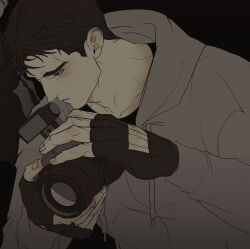 1boy absurdres bags_under_eyes black_background black_gloves black_hair bloodshot_eyes camera cry_of_fear fingerless_gloves gloves grey_hoodie head_down highres holding holding_camera hood hood_down hoodie ju-san looking_at_object male_focus messy_hair out_of_frame short_hair simon_henriksson solo