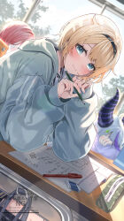 Rule 34 | 3girls, absurdres, alternate costume, alternate hair length, alternate hairstyle, aqua eyes, aqua hoodie, black hairband, black horns, blush, classroom, closed mouth, commentary, crossed arms, day, desk, dutch angle, eraser, feet out of frame, from side, golden spiral, hairband, highres, holding, holding pencil, hololive, hood, hood down, hoodie, horns, indoors, kakeru (kakekaker001), kazama iroha, la+ darknesss, large horns, looking at viewer, mechanical pencil, multicolored horns, multiple girls, notebook, pencil, pencil case, pink hair, purple horns, school desk, short hair, sitting, sleeping, smile, solo focus, striped horns, sunlight, takane lui, two-tone horns, virtual youtuber, watermark, window