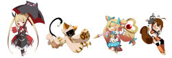 4girls bad_id bad_pixiv_id blazblue blonde_hair brown_hair gii gloves green_eyes grin hairband highres hood makoto_nanaya muchourin multiple_girls nago one_eye_closed orange_skirt platinum_the_trinity quad_tails rachel_alucard red_eyes skirt smile squirrel_tail staff tail taokaka tonfa twintails umbrella weapon wink yoshisawa