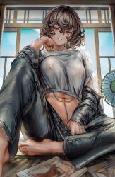1girl absurdres barefoot blue_sky bracelet breasts brown_eyes brown_hair chain clothes_pull commentary_request covered_erect_nipples crop_top curly_hair denim denim_jacket dot_nose electric_fan foot_out_of_frame highres indoors jacket jeans jewelry knee_up large_breasts looking_at_viewer magazine_(object) midriff navel navel_piercing original pants pants_pull parted_lips piercing shirt short_hair sitting sky smile soleil_(soleilmtfbwy03) solo stomach sweat toenails toes white_shirt window