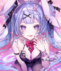 1girl :p absurdres ahoge animal_ears black_leotard black_ribbon blue_hair bow bowtie brown_pantyhose card center-flap_bangs collarbone colored_inner_hair cuffs detached_collar facing_viewer fingernails fishnet_pantyhose fishnets hair_between_eyes hair_ornament hair_ribbon hairband handcuffs hatsune_miku heart heart-shaped_pupils heart_hair_ornament highres kneeling leotard long_hair multicolored_hair nail_polish oguraazuki186 pantyhose pink_bow pink_bowtie pink_hair pink_nails playboy_bunny playing_card rabbit_ears rabbit_hole_(vocaloid) ribbon symbol-shaped_pupils teardrop_facial_mark tongue tongue_out twintails very_long_hair vocaloid white_hairband x_hair_ornament