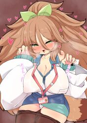 1girl absurdres blush bow breasts brown_hair brown_pantyhose cleavage clothes_pull covered_erect_nipples detached_sleeves green_bow green_eyes hair_bow haruto_(hirokazu1001) highres large_breasts long_hair looking_at_viewer original panties pantyhose pantyhose_pull see-through_clothes see-through_shirt shirt sitting solo tail thick_eyebrows two-tone_skirt underwear very_long_hair white_panties wide_sleeves