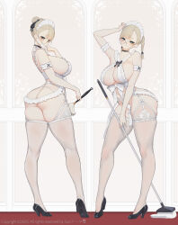2025 2girls arm_strap arm_up artist_name ass asymmetrical_hair black_bow black_choker black_ribbon black_shoes blonde_hair blue_eyes blunt_bangs blush bow braid breasts choker commentary contrapposto copyright_notice duster full_body garter_belt glasses hair_bun hair_ribbon high_heels highres holding holding_duster holding_mop large_breasts looking_at_viewer maid_headdress mask mask_pull mop mouth_mask multiple_girls original pumps revealing_clothes ribbon round_eyewear shoes single_hair_bun standing suerte thighhighs twin_braids white_garter_belt white_mask white_thighhighs